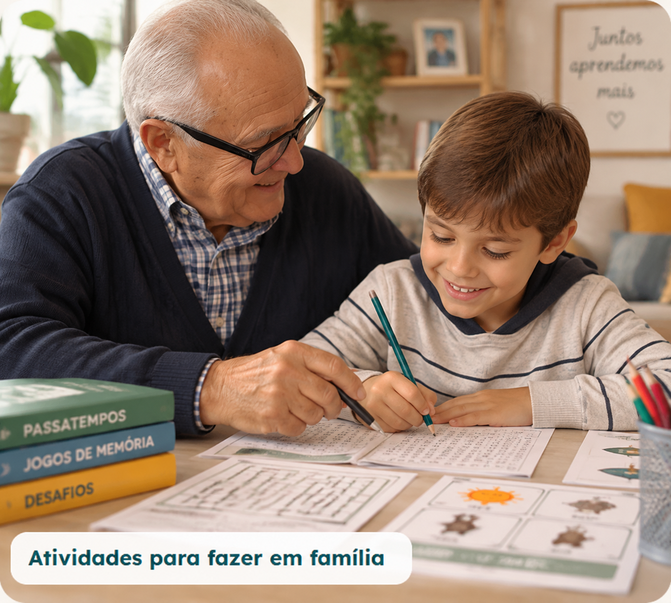 Avô e neto fazendo atividades escritas juntos à mesa