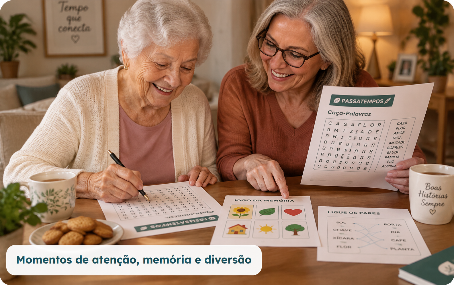 Duas mulheres sorrindo juntas enquanto resolvem uma atividade de palavras
