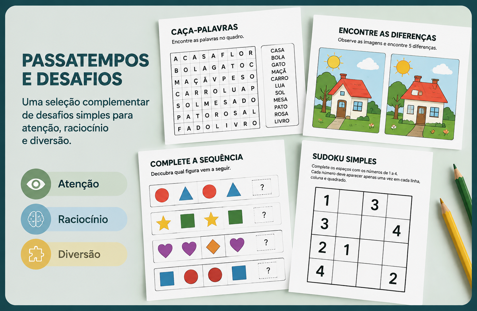 Página de passatempos com associação e completar palavras